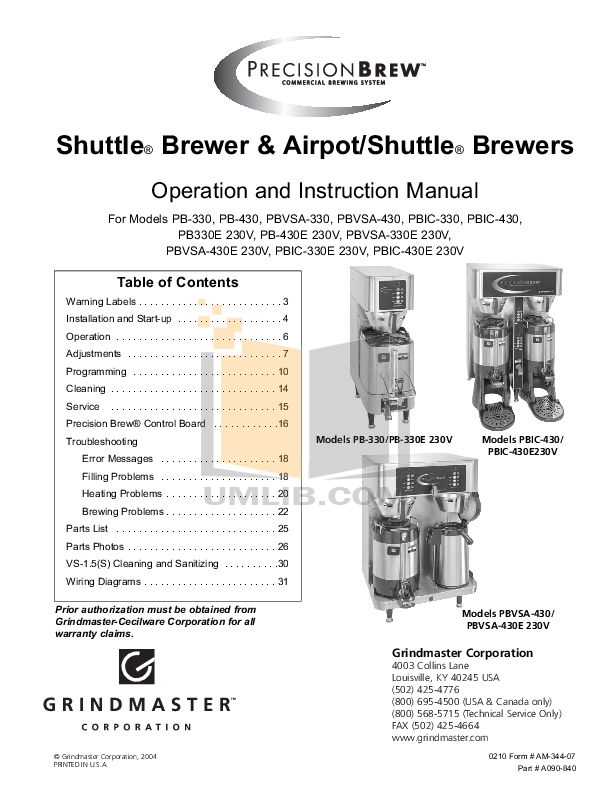 Download free pdf for Grindmaster PB430 Coffee Maker manual